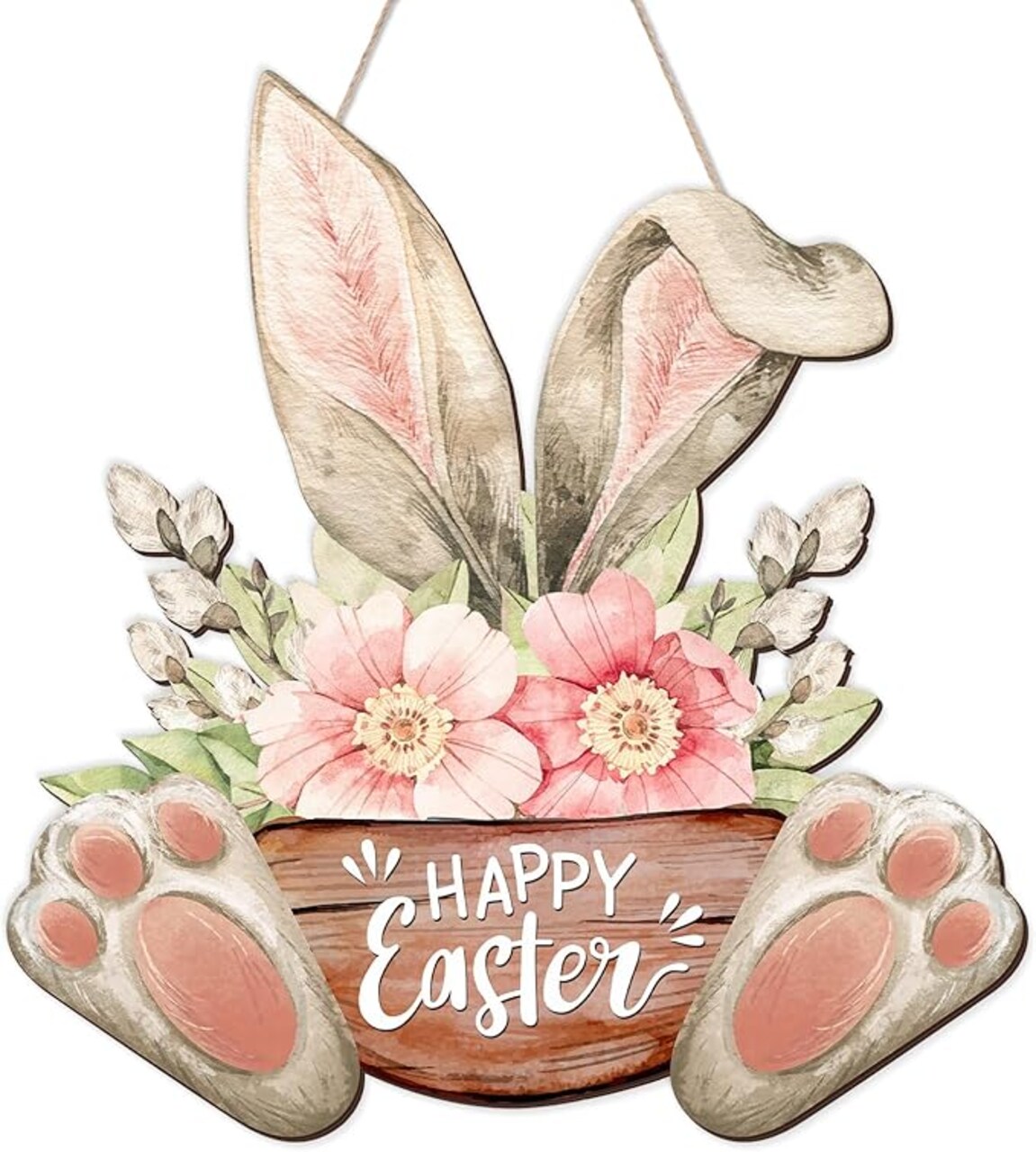 Easter Decorations Door Hanging Sign Wreath Happy Easter Bunny Ear Flowers Wooden Door Sign Welcome Seasonal Spring Easter Wreath Sign for Easter Tree, Door, Wall, Party Supplies
